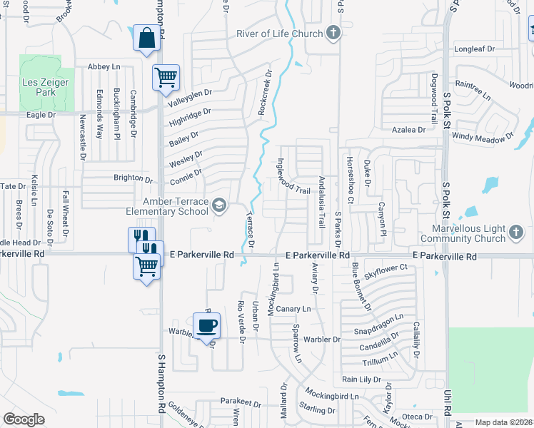 map of restaurants, bars, coffee shops, grocery stores, and more near 402 Amber Lane in DeSoto