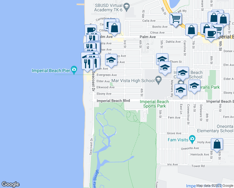 map of restaurants, bars, coffee shops, grocery stores, and more near 253 Ebony Avenue in Imperial Beach