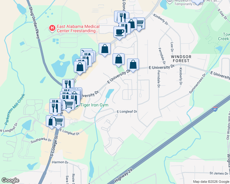 map of restaurants, bars, coffee shops, grocery stores, and more near 164 East University Drive in Auburn