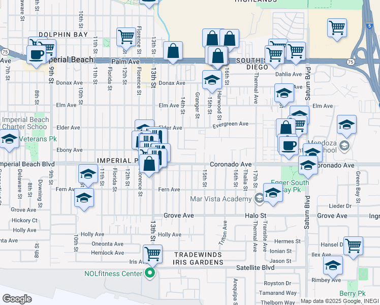 map of restaurants, bars, coffee shops, grocery stores, and more near 1430 Eboe Avenue in San Diego