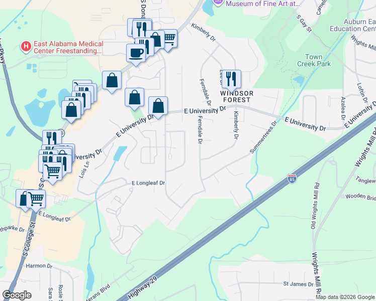 map of restaurants, bars, coffee shops, grocery stores, and more near 1433 Cloverbrook Circle in Auburn