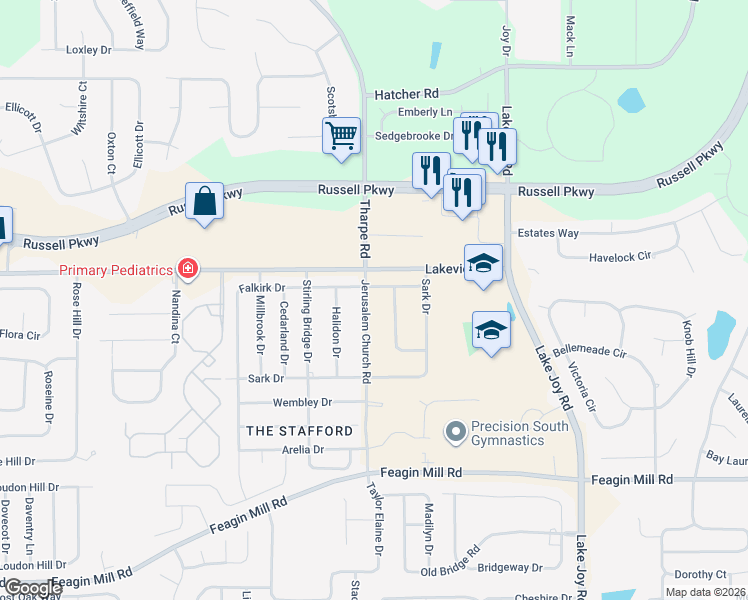 map of restaurants, bars, coffee shops, grocery stores, and more near 207 Jerusalem Church Road in Warner Robins
