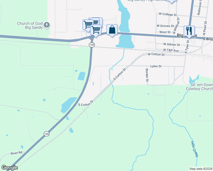 map of restaurants, bars, coffee shops, grocery stores, and more near 616 West Cotton Street in Big Sandy