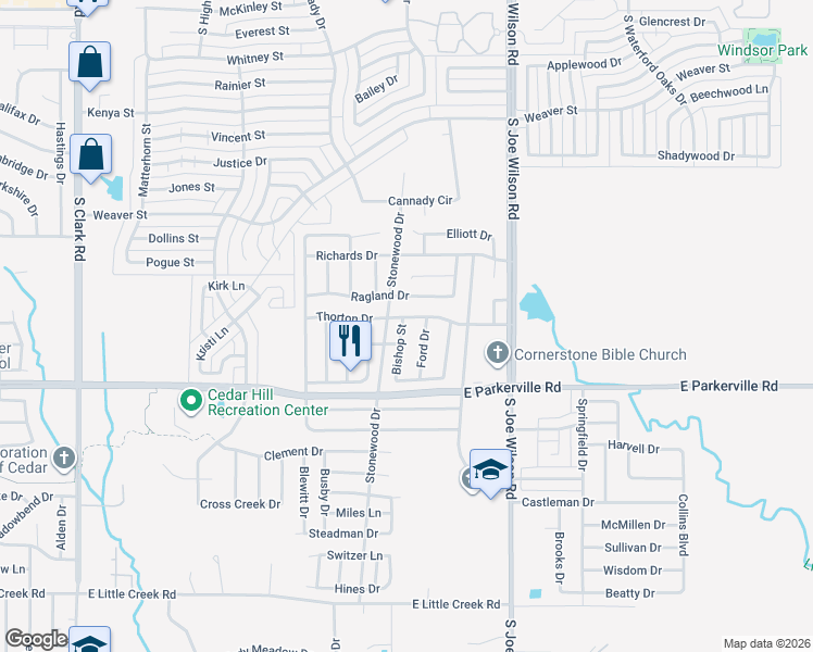 map of restaurants, bars, coffee shops, grocery stores, and more near 703 Bishop Street in Cedar Hill