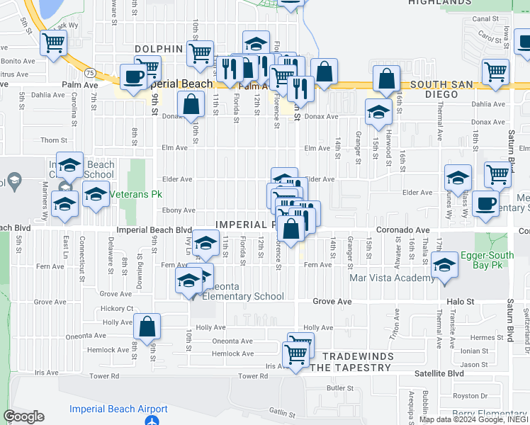 map of restaurants, bars, coffee shops, grocery stores, and more near 1221 Ebony Avenue in Imperial Beach