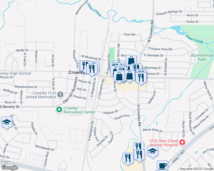 map of restaurants, bars, coffee shops, grocery stores, and more near 121 South Hampton Road in Crowley