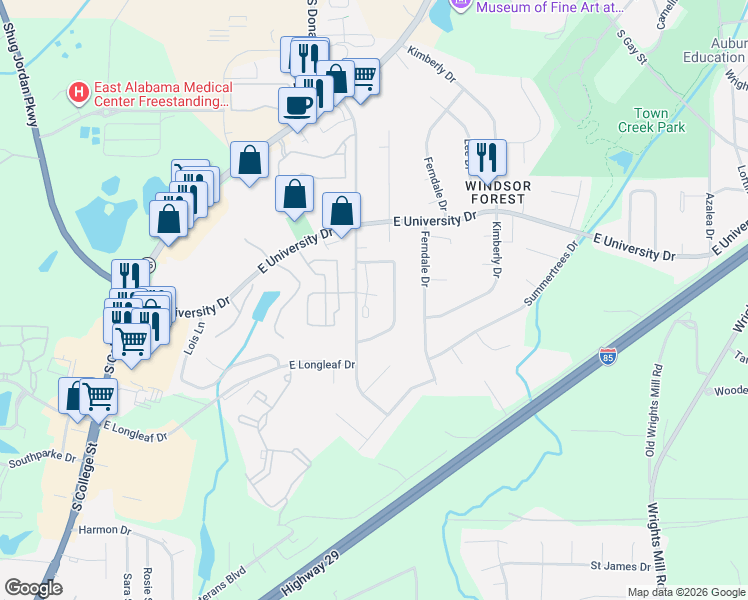 map of restaurants, bars, coffee shops, grocery stores, and more near 1385 South Donahue Drive in Auburn