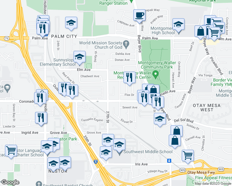 map of restaurants, bars, coffee shops, grocery stores, and more near 1087 Flax Court in San Diego