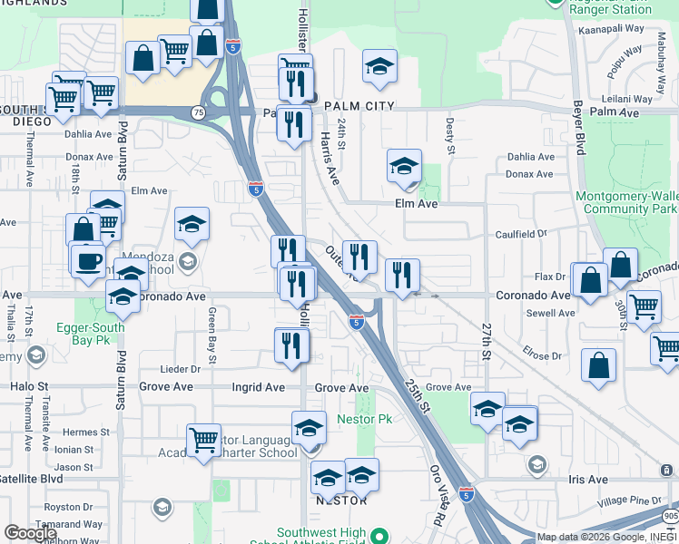 map of restaurants, bars, coffee shops, grocery stores, and more near 1058 Outer Road in San Diego