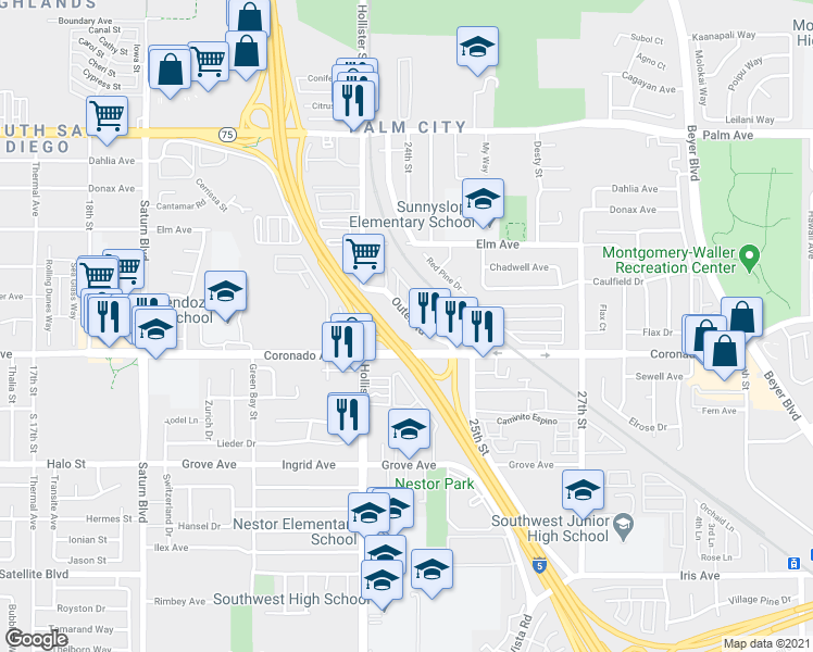 map of restaurants, bars, coffee shops, grocery stores, and more near 1058 Outer Road in San Diego