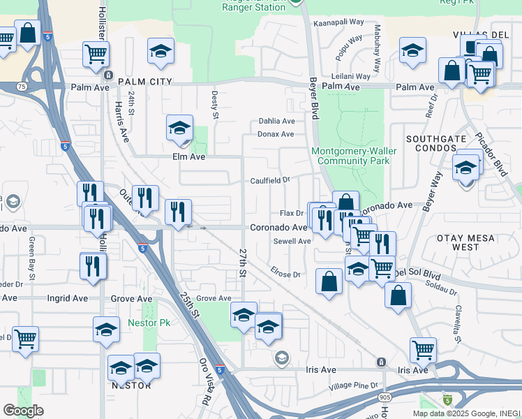 map of restaurants, bars, coffee shops, grocery stores, and more near 1087 Flax Court in San Diego
