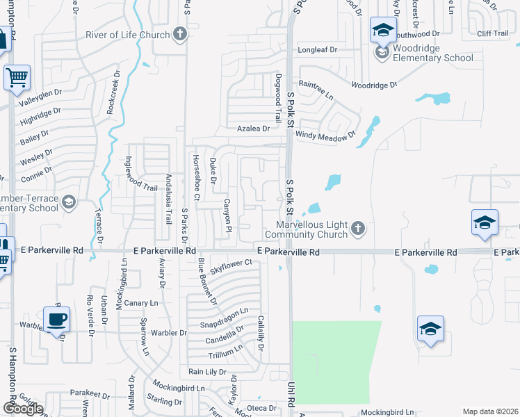 map of restaurants, bars, coffee shops, grocery stores, and more near 821 South Polk Street in DeSoto
