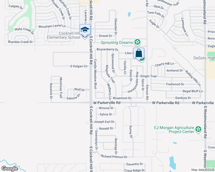 map of restaurants, bars, coffee shops, grocery stores, and more near 808 Mulberry Lane in DeSoto