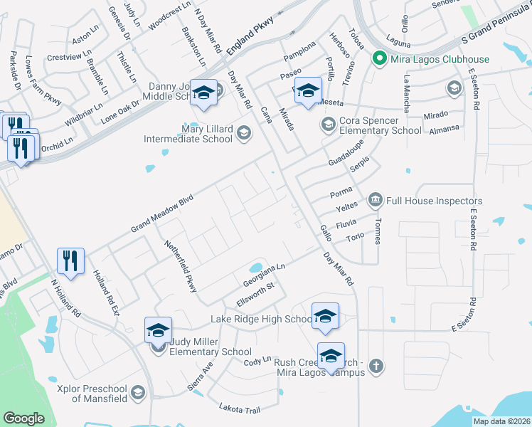 map of restaurants, bars, coffee shops, grocery stores, and more near 1201 Day Miar Road in Mansfield