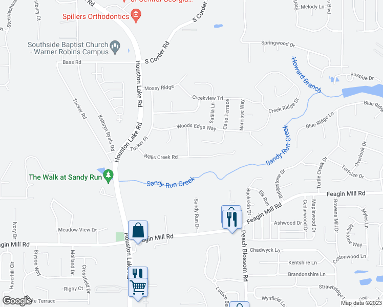 map of restaurants, bars, coffee shops, grocery stores, and more near 201 Willis Creek Road in Warner Robins