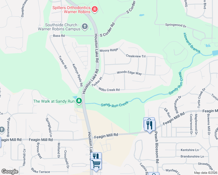 map of restaurants, bars, coffee shops, grocery stores, and more near 118 Willis Creek Road in Warner Robins