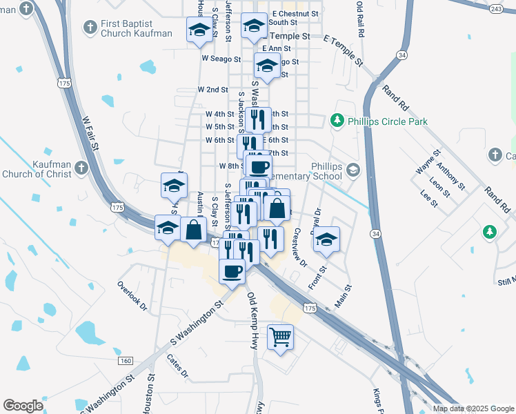 map of restaurants, bars, coffee shops, grocery stores, and more near 1901B South Washington Street in Kaufman