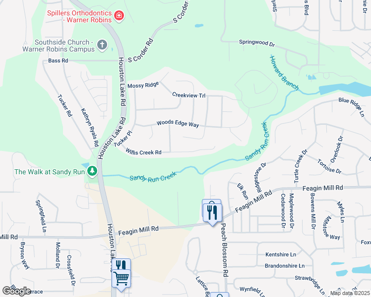 map of restaurants, bars, coffee shops, grocery stores, and more near 211 Willis Creek Road in Warner Robins