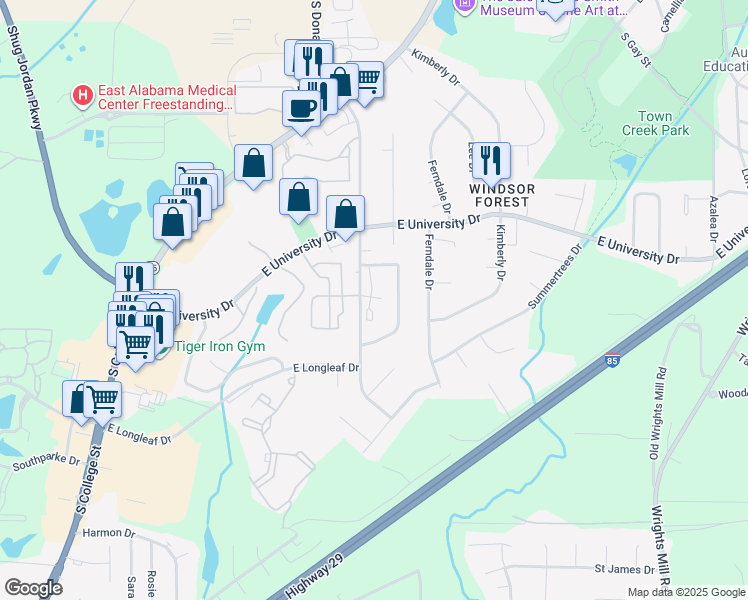 map of restaurants, bars, coffee shops, grocery stores, and more near 1385 South Donahue Drive in Auburn