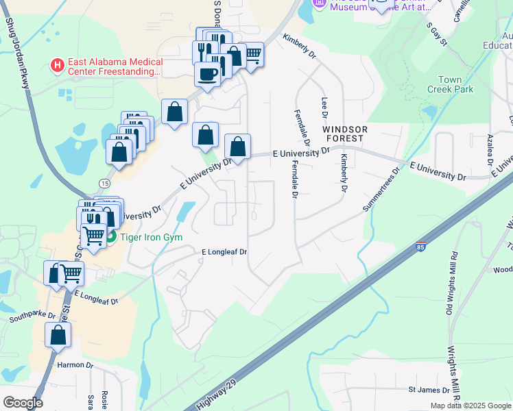 map of restaurants, bars, coffee shops, grocery stores, and more near 1424 South Donahue Drive in Auburn