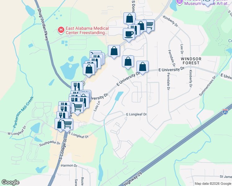 map of restaurants, bars, coffee shops, grocery stores, and more near 152 East University Drive in Auburn