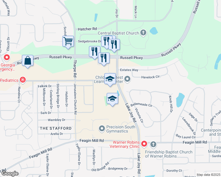 map of restaurants, bars, coffee shops, grocery stores, and more near 995 Lake Joy Road in Warner Robins