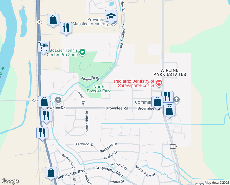 map of restaurants, bars, coffee shops, grocery stores, and more near 2516 Downs Street in Bossier City