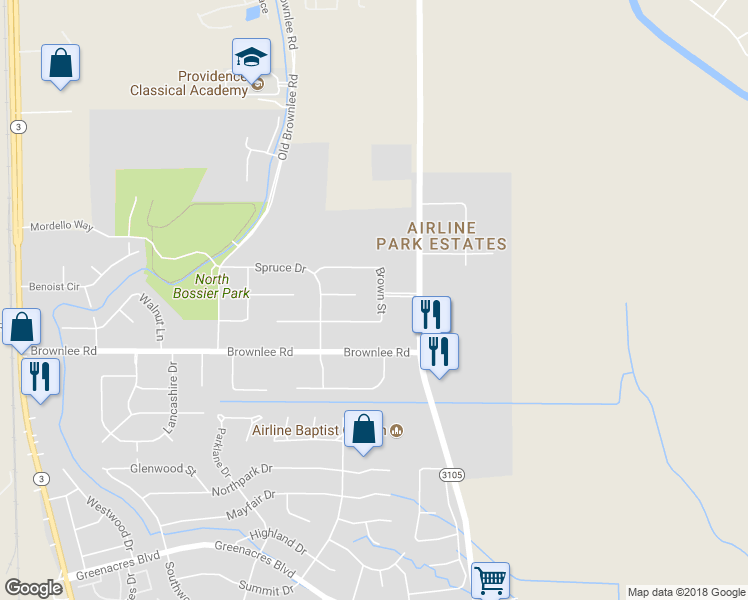 map of restaurants, bars, coffee shops, grocery stores, and more near 2623 Brown Street in Bossier City
