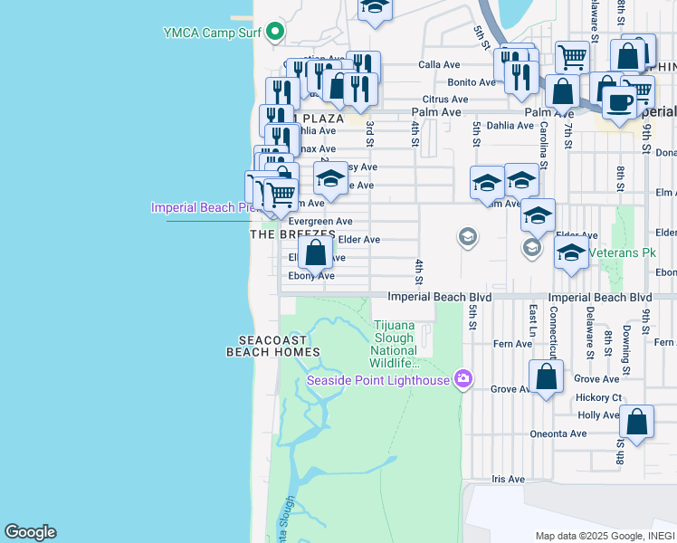 map of restaurants, bars, coffee shops, grocery stores, and more near 230 Ebony Avenue in Imperial Beach
