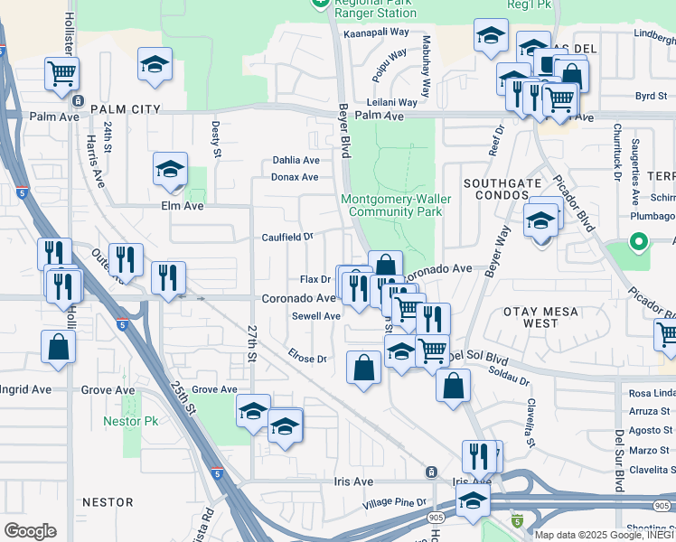 map of restaurants, bars, coffee shops, grocery stores, and more near 2869 Flax Drive in San Diego
