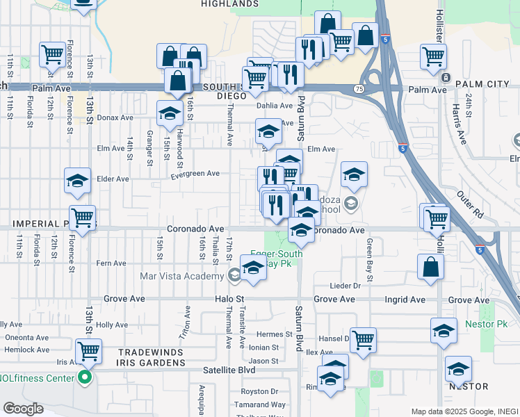map of restaurants, bars, coffee shops, grocery stores, and more near 1035 Sea Glass Way in San Diego