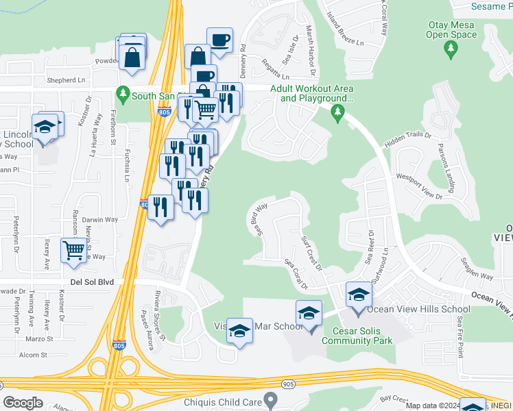 map of restaurants, bars, coffee shops, grocery stores, and more near 1166 Sea Bird Way in San Diego