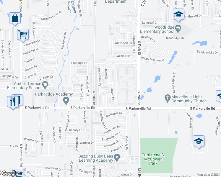 map of restaurants, bars, coffee shops, grocery stores, and more near 737 Pine Hollow Drive in DeSoto