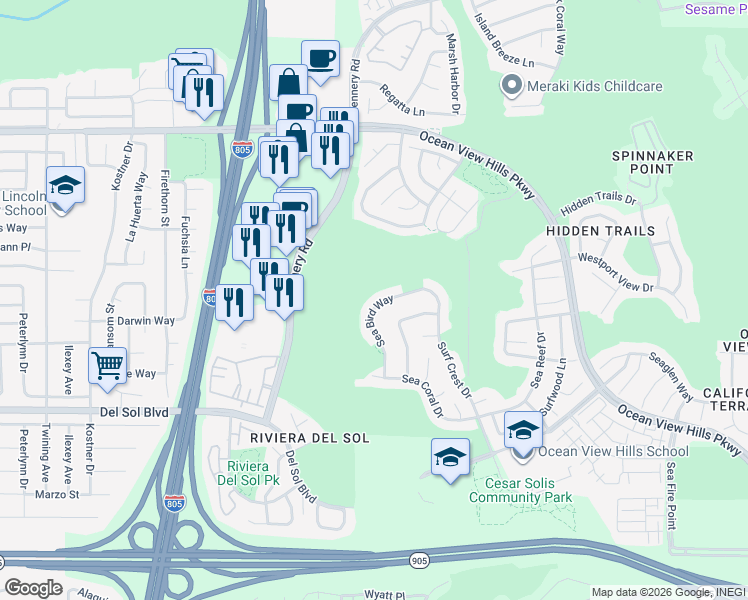 map of restaurants, bars, coffee shops, grocery stores, and more near 1166 Sea Bird Way in San Diego