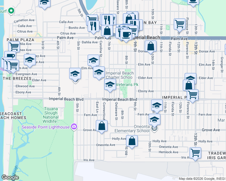 map of restaurants, bars, coffee shops, grocery stores, and more near 1058 Delaware Street in Imperial Beach