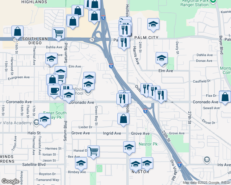 map of restaurants, bars, coffee shops, grocery stores, and more near 2200 Coronado Avenue in San Diego