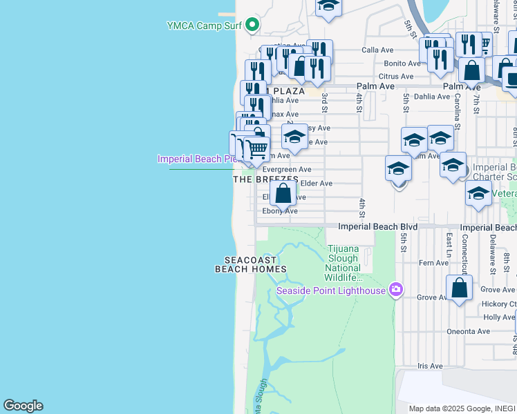 map of restaurants, bars, coffee shops, grocery stores, and more near 1037 Seacoast Drive in Imperial Beach