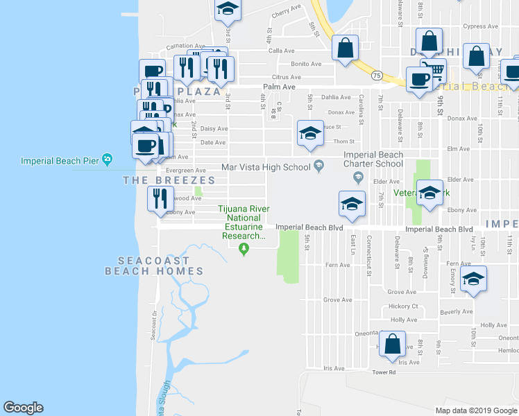map of restaurants, bars, coffee shops, grocery stores, and more near 363 Ebony Avenue in Imperial Beach