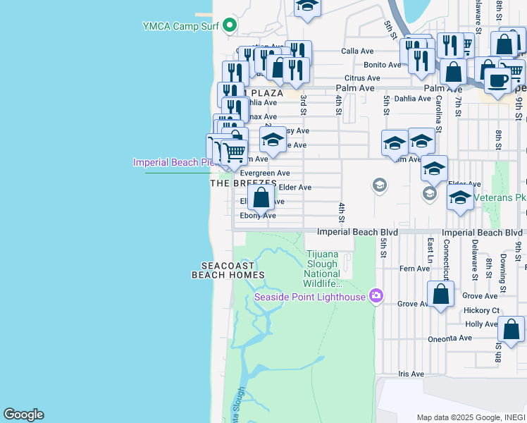map of restaurants, bars, coffee shops, grocery stores, and more near 162 Imperial Beach Boulevard in Imperial Beach