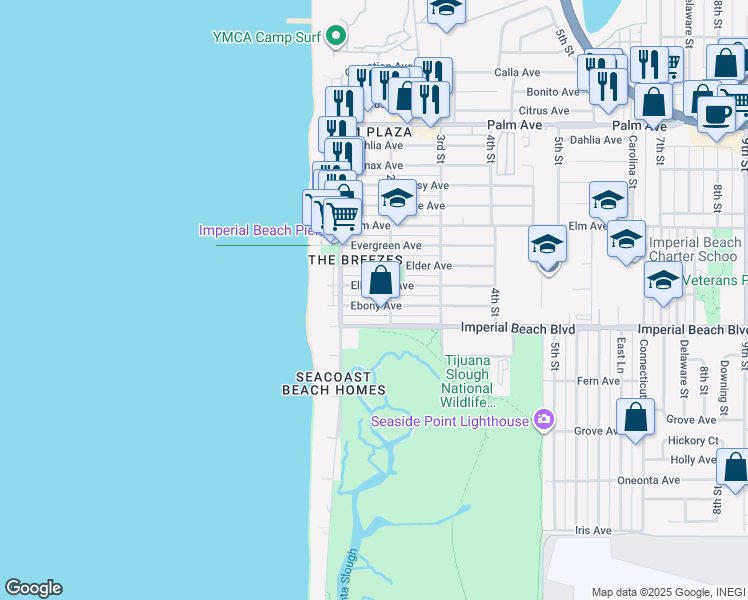 map of restaurants, bars, coffee shops, grocery stores, and more near 162 Imperial Beach Boulevard in Imperial Beach