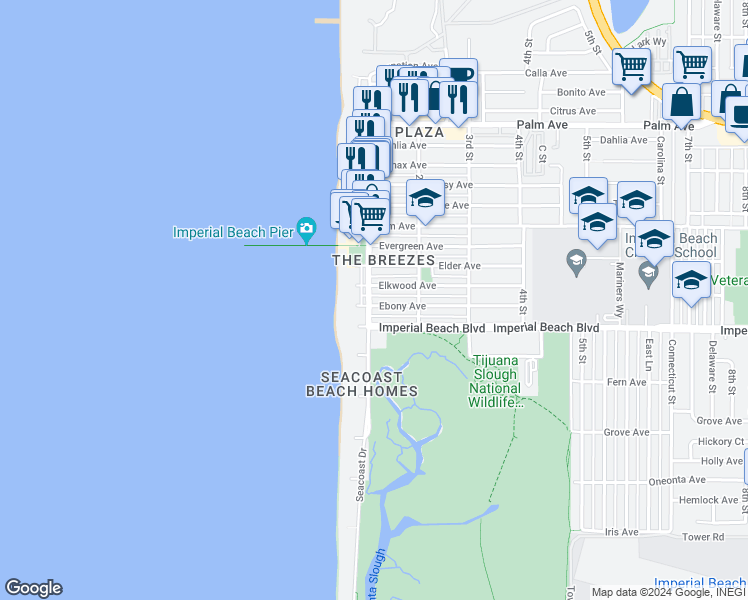 map of restaurants, bars, coffee shops, grocery stores, and more near 51 Imperial Beach Boulevard in Imperial Beach