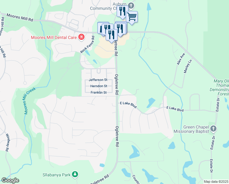 map of restaurants, bars, coffee shops, grocery stores, and more near 1571 Newman Drive in Auburn