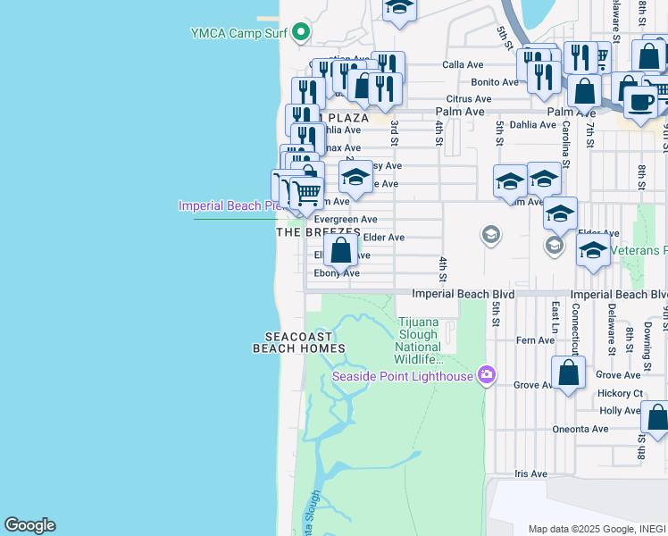 map of restaurants, bars, coffee shops, grocery stores, and more near 166 Ebony Avenue in Imperial Beach