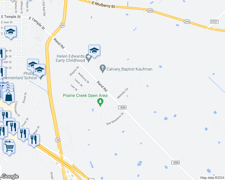 map of restaurants, bars, coffee shops, grocery stores, and more near 104 Melody Circle in Kaufman