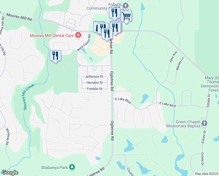 map of restaurants, bars, coffee shops, grocery stores, and more near 1571 Newman Drive in Auburn