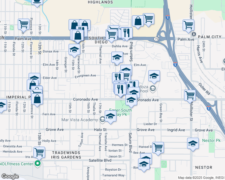 map of restaurants, bars, coffee shops, grocery stores, and more near 1035 Sea Glass Way in San Diego