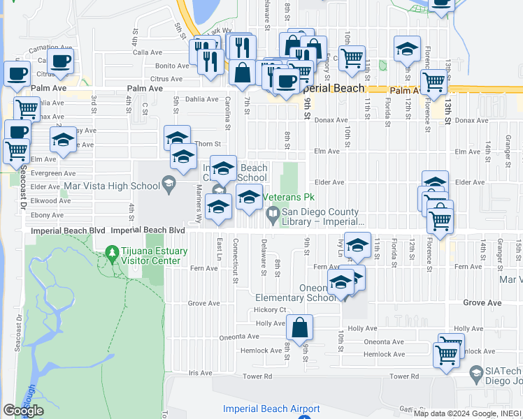 map of restaurants, bars, coffee shops, grocery stores, and more near in Imperial Beach