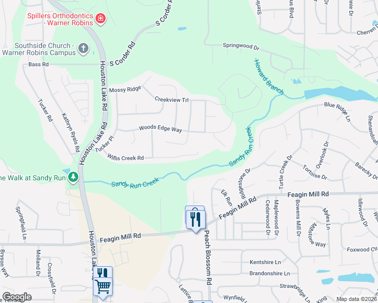 map of restaurants, bars, coffee shops, grocery stores, and more near 230 Willis Creek Road in Warner Robins