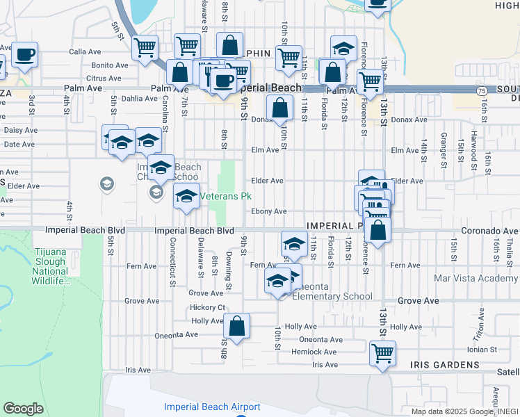 map of restaurants, bars, coffee shops, grocery stores, and more near 932 Ebony Avenue in Imperial Beach