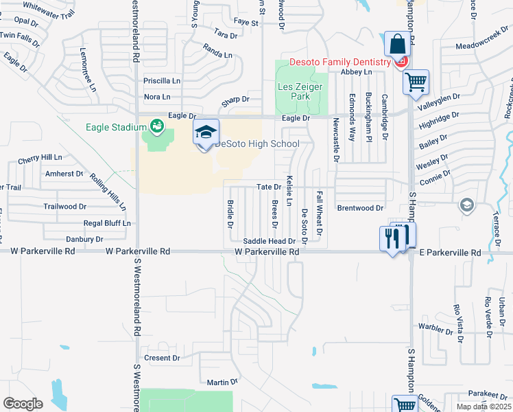 map of restaurants, bars, coffee shops, grocery stores, and more near 717 Claire View Drive in DeSoto